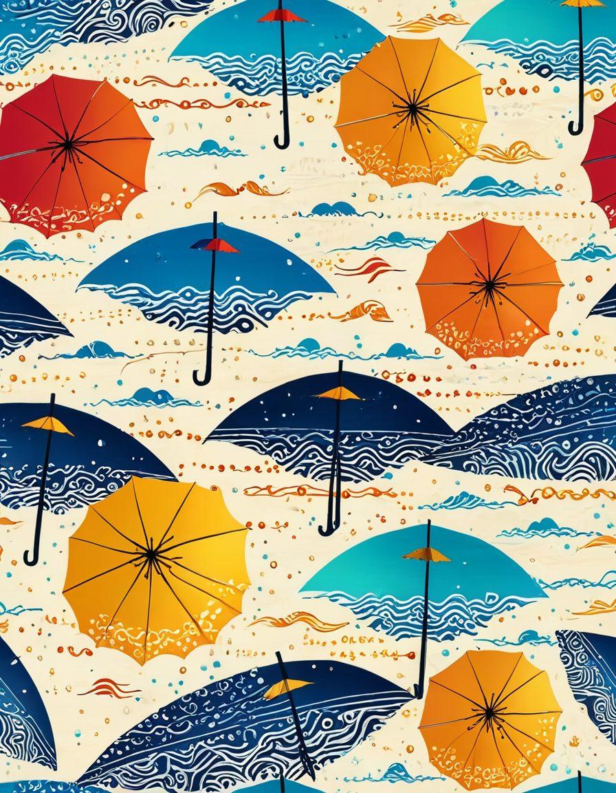 A vibrant beach scene depicting innovative beachwear created using Linux coding elements, with clothing designs featuring circuit patterns and ocean-themed graphics. Show diverse models showcasing the swimwear on a sunny beach with waves crashing in the background. Include a beach umbrella with computer coding symbols and a surfboard adorned with binary code patterns. super-realistic. vibrant colors. sunny background.